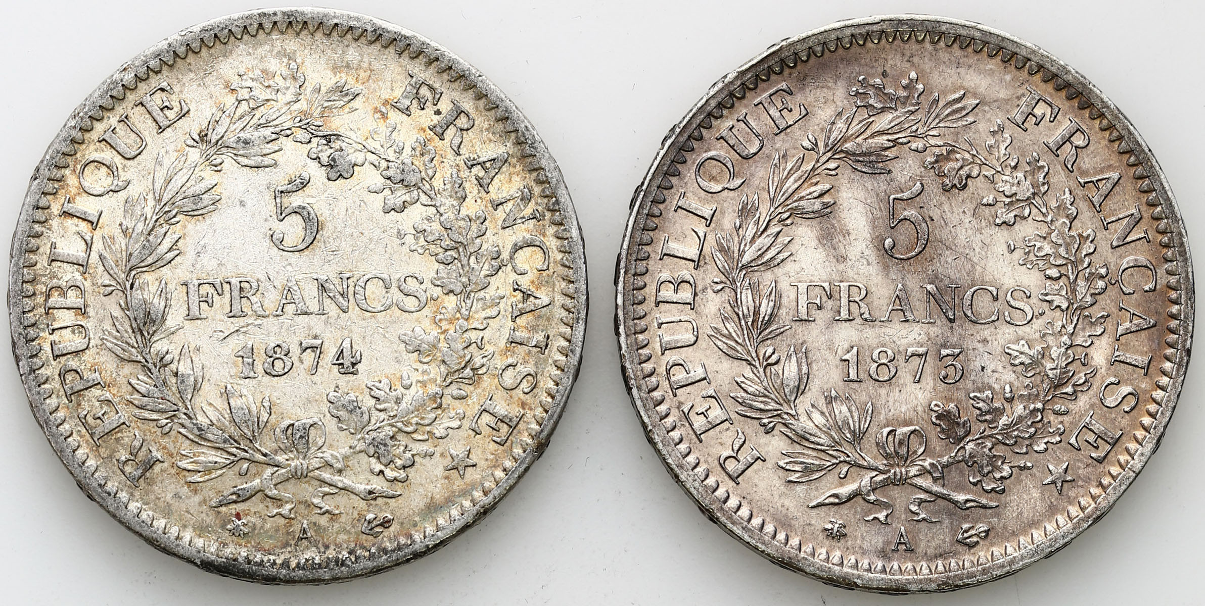 Francja 5 franków 1874 i 1875 A – zestaw 2 sztuk